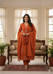 Burnt Orange Cotton A-Line Suit Set – Elegant V-Neck & Minimalist Floral Print