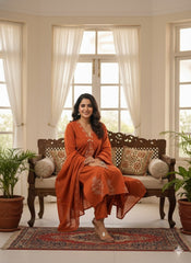 Burnt Orange Cotton A-Line Suit Set – Elegant V-Neck & Minimalist Floral Print