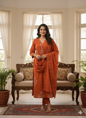Burnt Orange Cotton A-Line Suit Set – Elegant V-Neck & Minimalist Floral Print
