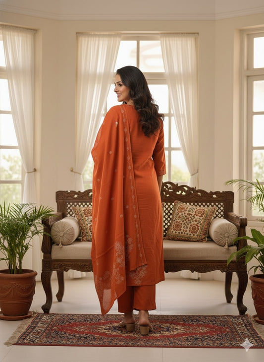 Burnt Orange Cotton A-Line Suit Set – Elegant V-Neck & Minimalist Floral Print