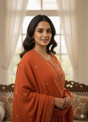 Burnt Orange Cotton A-Line Suit Set – Elegant V-Neck & Minimalist Floral Print