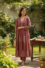 Wine Mauve Pure Cotton A-Line Suit Set – Women Cotton Kurta Set for Office Wear | Indi Inside