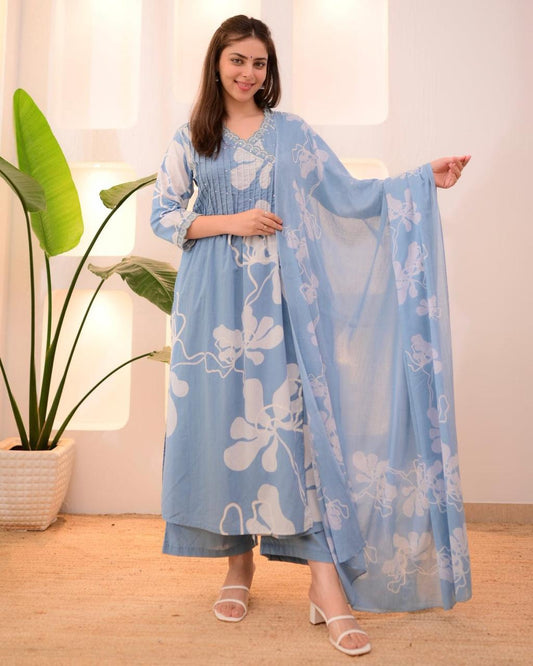 Sky Blue Pure Cotton Suit Set – White Floral Prints with Pleated Bodice & Lace Detail