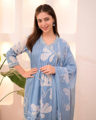 Sky Blue Pure Cotton Suit Set – White Floral Prints with Pleated Bodice & Lace Detail