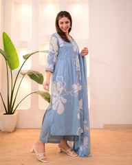 Sky Blue Pure Cotton Suit Set – White Floral Prints with Pleated Bodice & Lace Detail