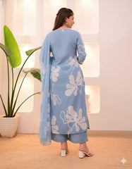 Sky Blue Pure Cotton Suit Set – White Floral Prints with Pleated Bodice & Lace Detail