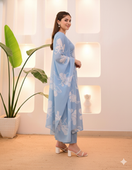Sky Blue Pure Cotton Suit Set – White Floral Prints with Pleated Bodice & Lace Detail