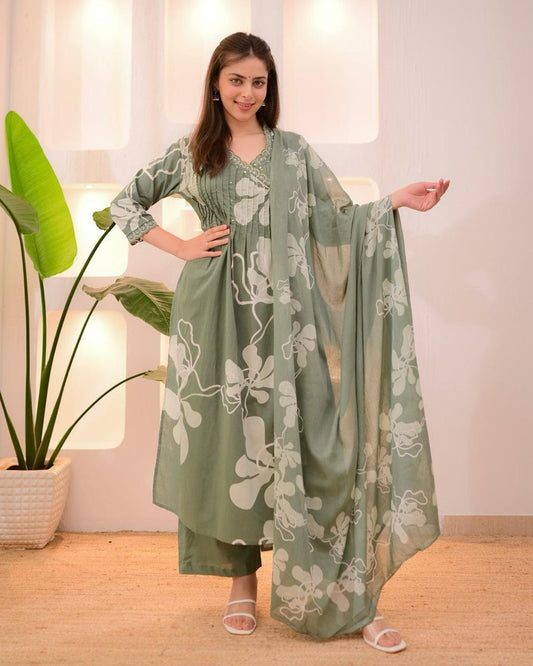 Pistachio Green Pure Cotton Suit Set – White Floral Botanical Prints & Pleated V-Neck Bodice