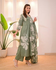 Pistachio Green Pure Cotton Suit Set – White Floral Botanical Prints & Pleated V-Neck Bodice