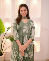 Pistachio Green Pure Cotton Suit Set – White Floral Botanical Prints & Pleated V-Neck Bodice