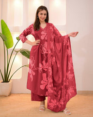 Maroon Pure Cotton Suit Set – Blush Pink Floral Prints with Pleated Bodice & Scalloped Lace