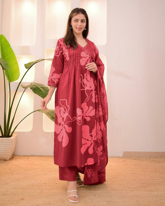 Maroon Pure Cotton Suit Set – Blush Pink Floral Prints with Pleated Bodice & Scalloped Lace