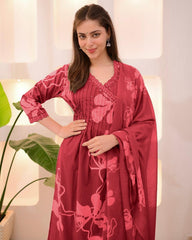 Maroon Pure Cotton Suit Set – Blush Pink Floral Prints with Pleated Bodice & Scalloped Lace