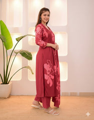 Maroon Pure Cotton Suit Set – Blush Pink Floral Prints with Pleated Bodice & Scalloped Lace