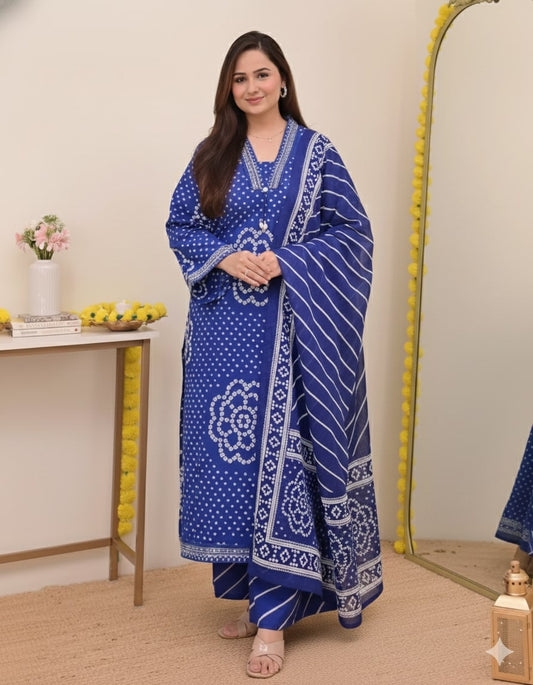 Royal Blue Pure Cotton Bandhani Suit Set – Intricate V-Neck Embroidery & Leheriya Print Dupatta