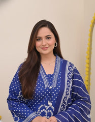 Royal Blue Pure Cotton Bandhani Suit Set – Intricate V-Neck Embroidery & Leheriya Print Dupatta