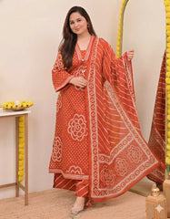 Rust Orange Pure Cotton Bandhani Suit Set – Intricate V-Neck Embroidery & Leheriya Print Dupatta