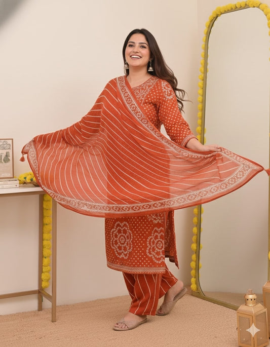 Rust Orange Pure Cotton Bandhani Suit Set – Intricate V-Neck Embroidery & Leheriya Print Dupatta