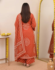 Rust Orange Pure Cotton Bandhani Suit Set – Intricate V-Neck Embroidery & Leheriya Print Dupatta