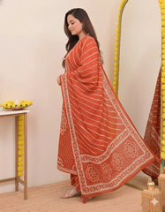 Rust Orange Pure Cotton Bandhani Suit Set – Intricate V-Neck Embroidery & Leheriya Print Dupatta