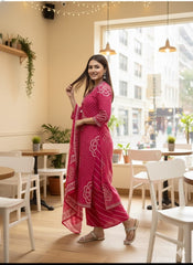 Maroon Pure Cotton Suit Set – Blush Pink Floral Prints with Pleated Bodice & Scalloped Lace