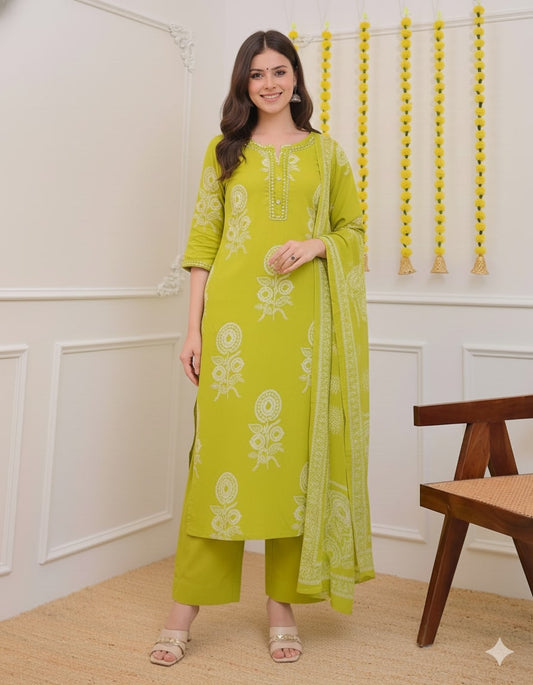 Product Title Sage Green Pure Cotton Straight Suit Set – Ornate Yoke Detailing & Traditional Botanical Print