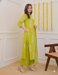 Product Title Sage Green Pure Cotton Straight Suit Set – Ornate Yoke Detailing & Traditional Botanical Print