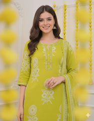 Product Title Sage Green Pure Cotton Straight Suit Set – Ornate Yoke Detailing & Traditional Botanical Print