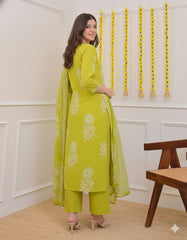 Product Title Sage Green Pure Cotton Straight Suit Set – Ornate Yoke Detailing & Traditional Botanical Print