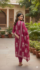 Bright Pink Pure Cotton Suit Set – Ornate Mandala Embroidery & Botanical Motif Dupatta