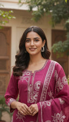 Bright Pink Pure Cotton Suit Set – Ornate Mandala Embroidery & Botanical Motif Dupatta