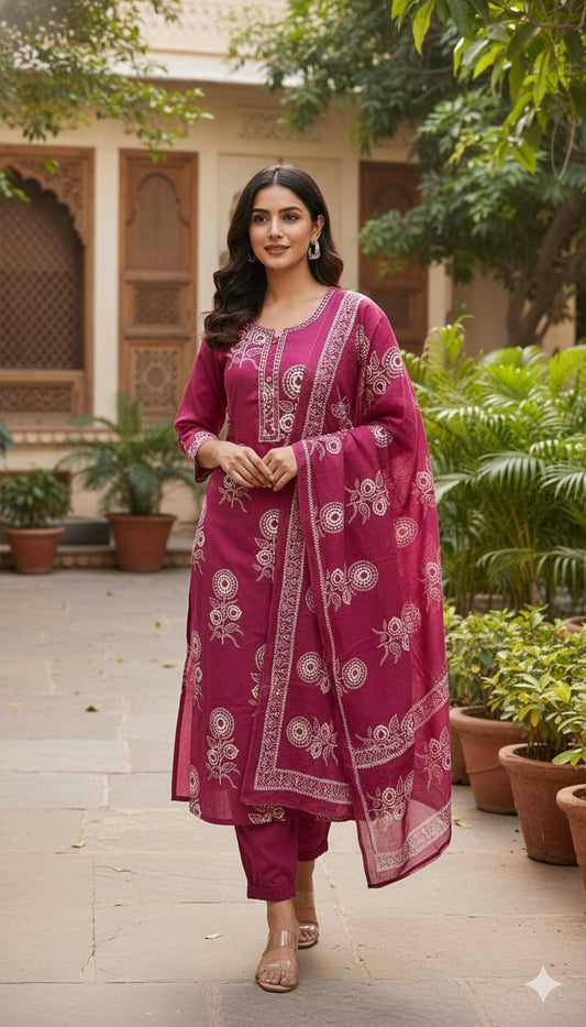 Bright Pink Pure Cotton Suit Set – Ornate Mandala Embroidery & Botanical Motif Dupatta