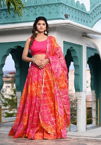 Bandhani Pink Kota Doriya Lehenga for Haldi  Festive Wear | Indi Inside
