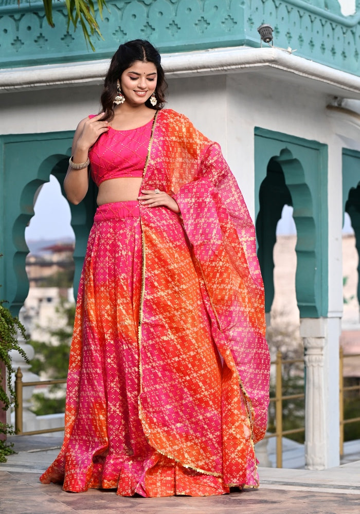 Bandhani Pink Kota Doriya Lehenga for Haldi  Festive Wear | Indi Inside