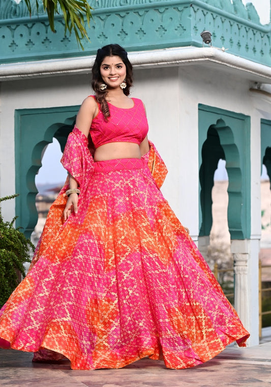 Bandhani Pink Kota Doriya Lehenga for Haldi  Festive Wear | Indi Inside