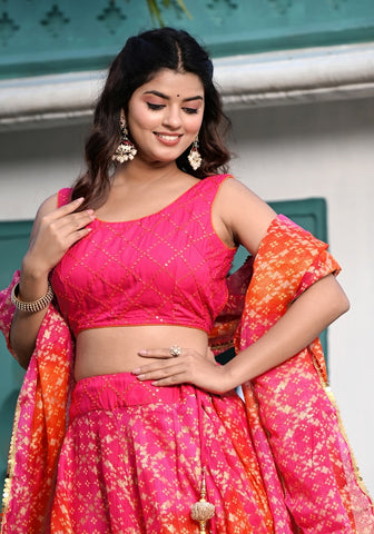 Bandhani Pink Kota Doriya Lehenga for Haldi  Festive Wear | Indi Inside