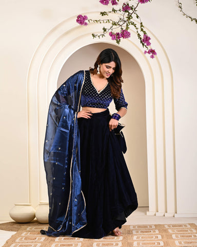 Navy Blue Velvet Lehenga Set for Women | Wedding &  ethnic  Wear 