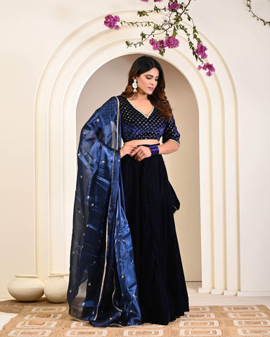 Navy Blue Velvet Lehenga Set for Women | Wedding &  ethnic  Wear 