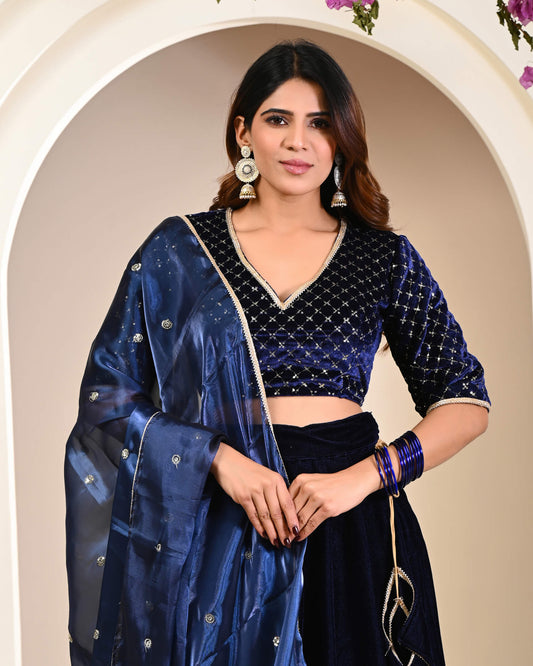 Navy Blue Velvet Lehenga Set for Women | Wedding &  ethnic  Wear 
