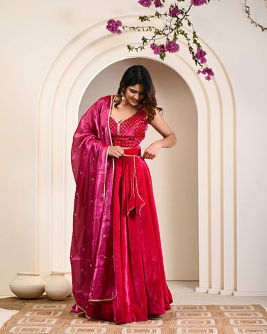 Pink Embroidered Velvet Lehenga Choli with Dupatta