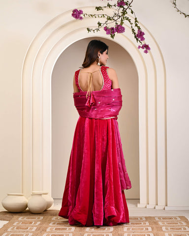 Pink Embroidered Velvet Lehenga Choli with Dupatta