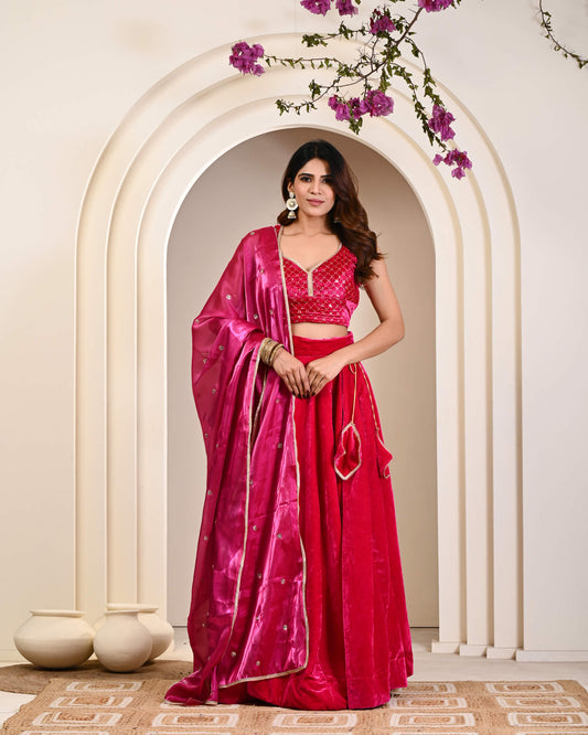 Pink Embroidered Velvet Lehenga Choli with Dupatta