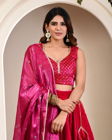 Pink Embroidered Velvet Lehenga Choli with Dupatta