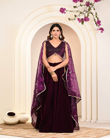 Designer Wine Embroidered Velvet Lehenga Set / Velvet Lehenga for women  