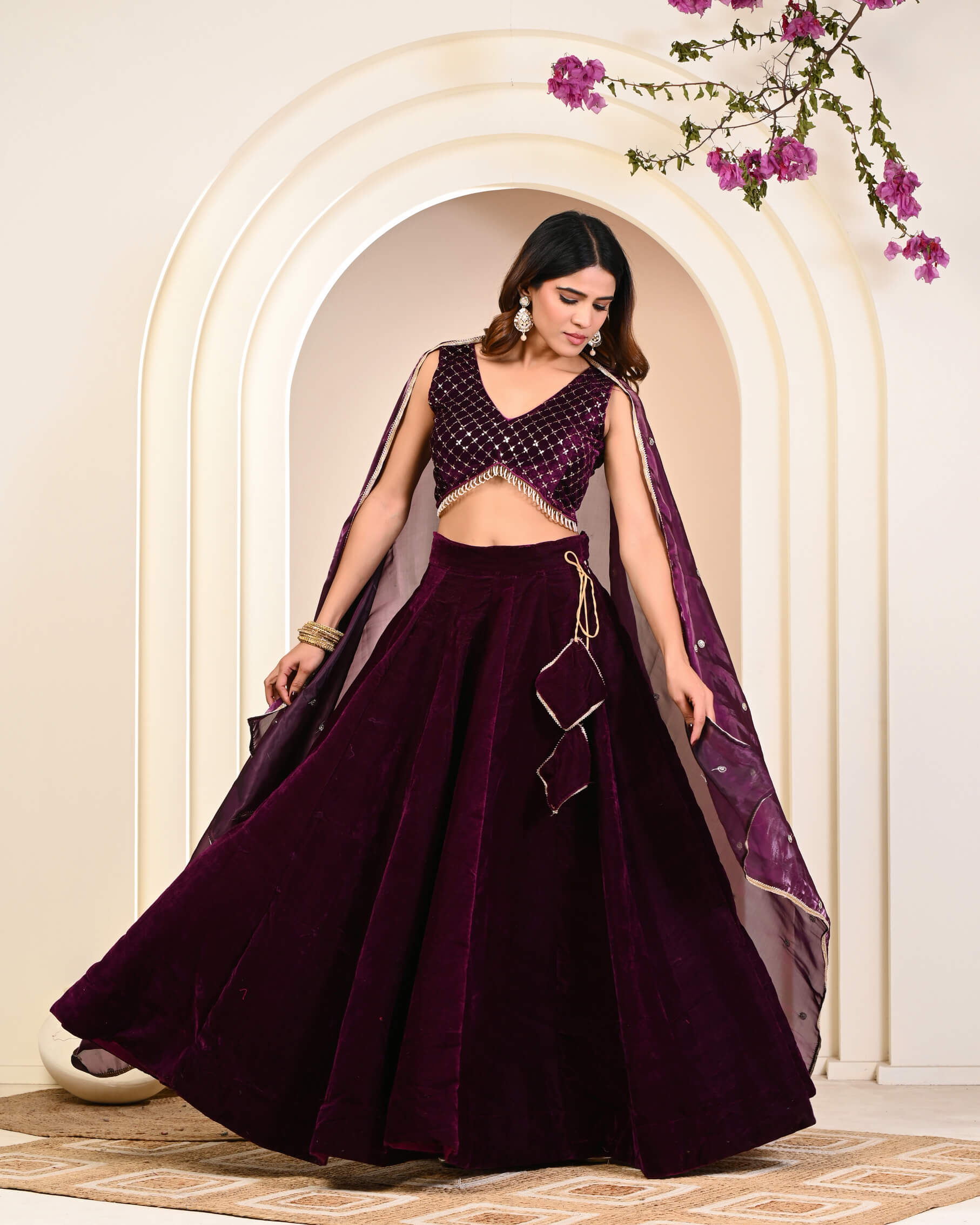 Designer Wine Embroidered Velvet Lehenga Set / Velvet Lehenga for women  