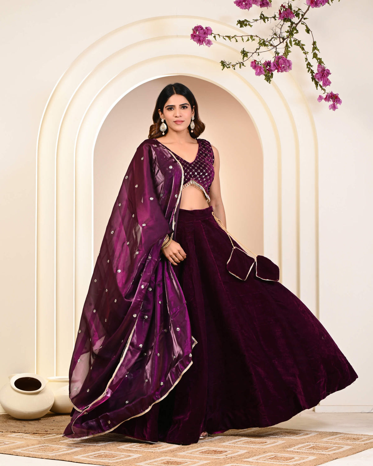 Designer Wine Embroidered Velvet Lehenga Set / Velvet Lehenga for women  