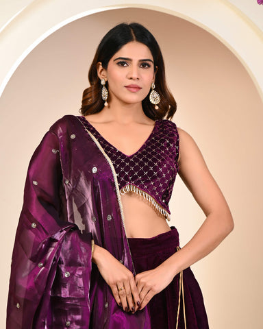 Designer Wine Embroidered Velvet Lehenga Set / Velvet Lehenga for women  