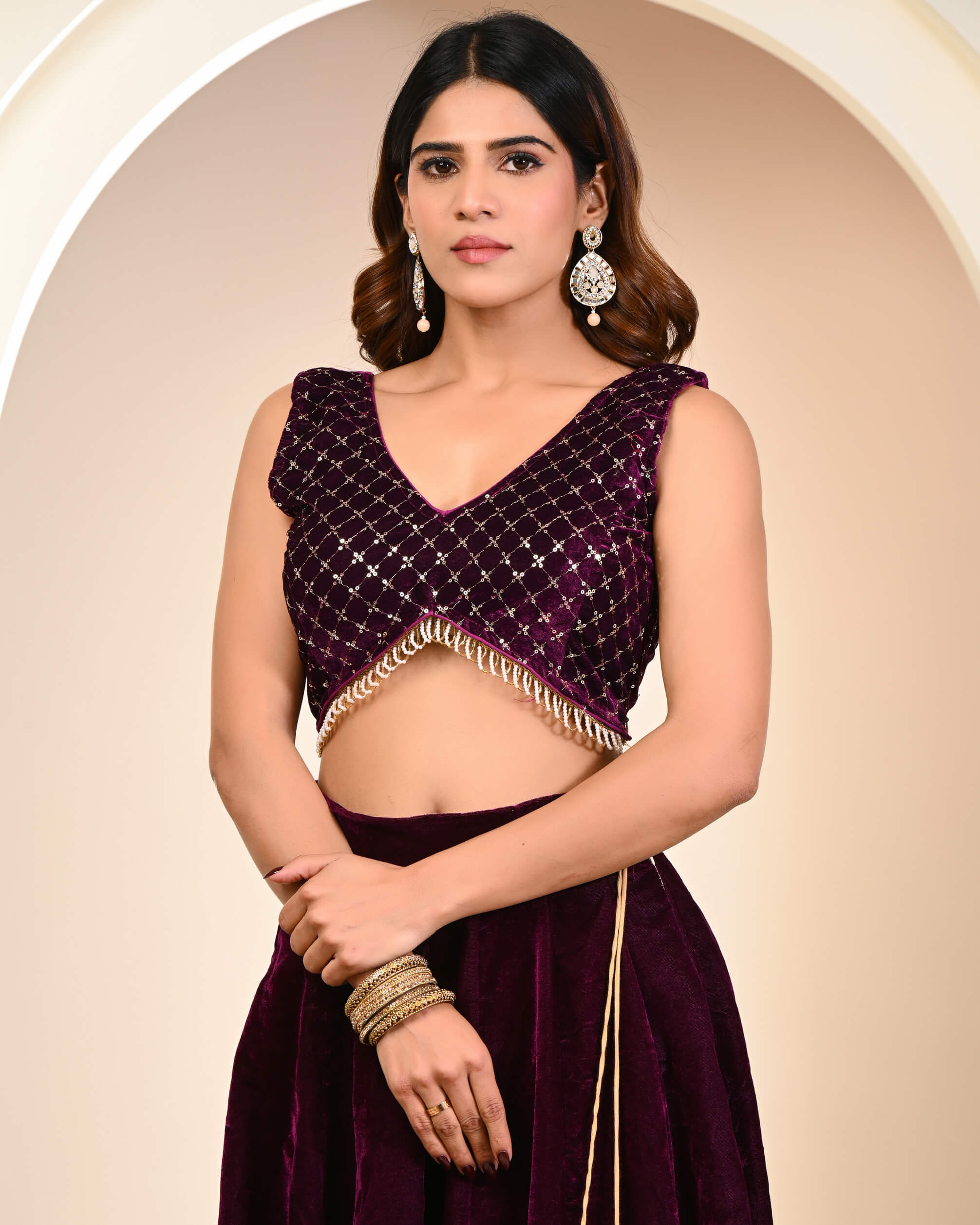 Designer Wine Embroidered Velvet Lehenga Set / Velvet Lehenga for women  