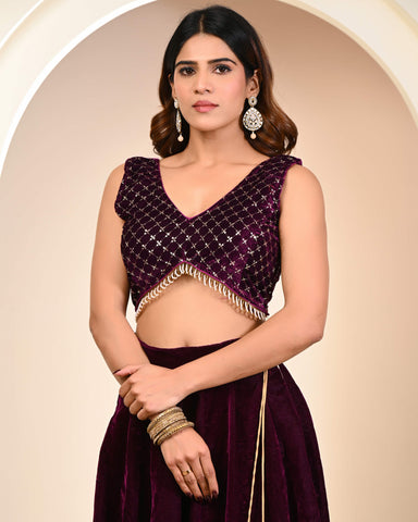 Designer Wine Embroidered Velvet Lehenga Set / Velvet Lehenga for women  
