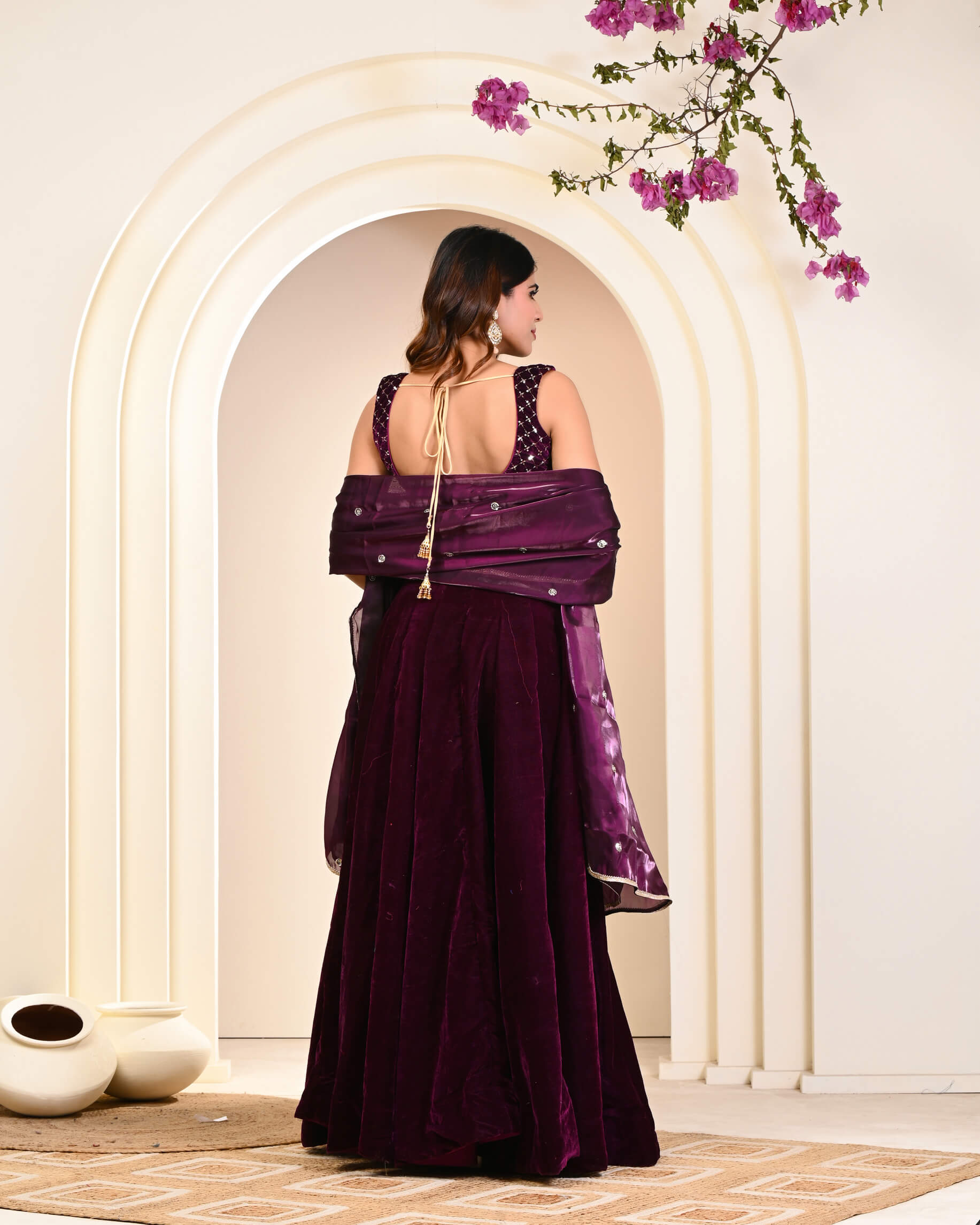 Designer Wine Embroidered Velvet Lehenga Set / Velvet Lehenga for women  